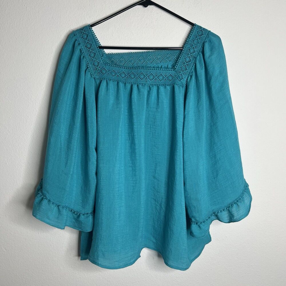 Zac & Rachel crochet trim turquoise tunic blouse feminine flowy size 2X